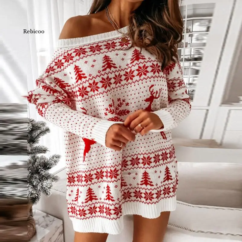 New Christmas Snowflake Elk Print Party Dress Winter Autumn Long Sleeve Mini Dress Women Elegant Off Shoulder Knit Sweater Dress
New Christmas Snowflake Elk Print Party Dress Winter Autumn Long Sleeve Mini Dress Women Elegant Off Shoulder Knit Sweater Dress