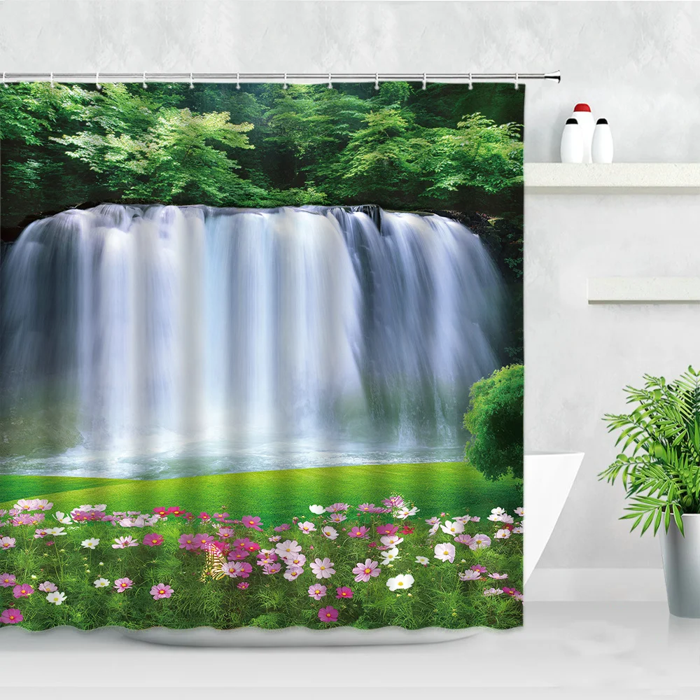 

Forest Cave Waterfall Shower Curtain Set Yellow Maple Trees Autumn Scenery Modern Home Decor Waterproof Fabric Bathroom Curtains