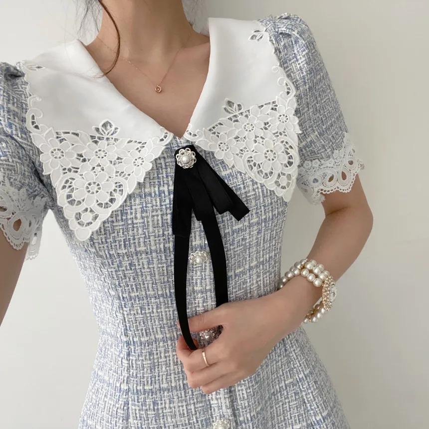 Vintage Dress Women Lace Peter Pan Collar Patchwork Korean Vestidos Slim Waist Short Sleeve Plaid Tweed Woolen Dresses Robe
Vintage Dress Women Lace Peter Pan Collar Patchwork Korean Vestidos Slim Waist Short Sleeve Plaid Tweed Woolen Dresses Robe