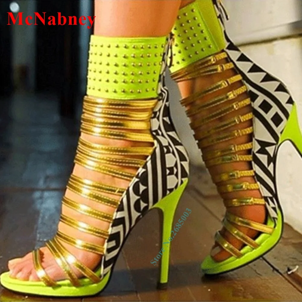 

Lime Green Gladiator Cutout Sandals Open Toe Stiletto Strappy Heels Sandal For Women Party Dress Mixed Colors Back Zipper Summer