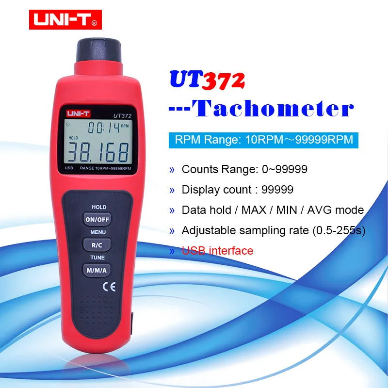 

UNI-T UT372 Non-Contact Tachometers Target RPM Range 10~99999 MAX/MIN/AVG Test Distance 5~20cm USB Interface Automatic Shutdown