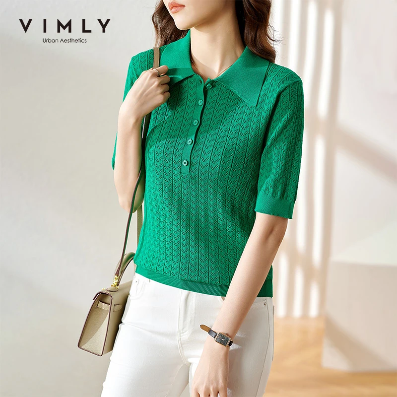 VIMLY Summer Women's Tshirts Elegant Polo Collar Green Knitted Tops Casual Buttons Puff Sleeve T Shirts Korean Women Tops F8063
VIMLY Summer Women's Tshirts Elegant Polo Collar Green Knitted Tops Casual Buttons Puff Sleeve T Shirts Korean Women Tops F8063