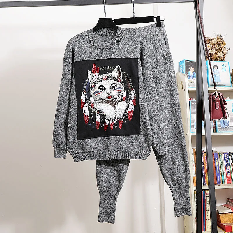 Black Gray Knitted Outfits Women Tracksuits 2pc Loose Embroidery Cartoons Pullover Long Sleeve Sweater Pencil Pants Set Female
Black Gray Knitted Outfits Women Tracksuits 2pc Loose Embroidery Cartoons Pullover Long Sleeve Sweater Pencil Pants Set Female