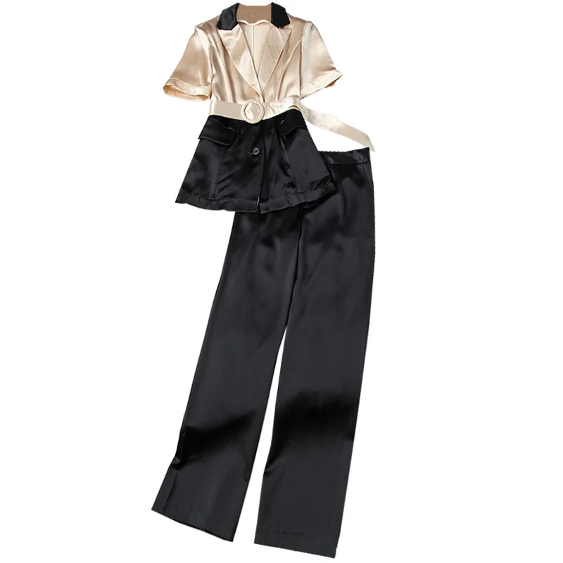 Seifrmann Women Summer Fashion DesignerPants Set Sashes Short Sleeve Colorblock Tops + High Waist Black Pants 2 TwoPiecesSuit
Seifrmann Women Summer Fashion DesignerPants Set Sashes Short Sleeve Colorblock Tops + High Waist Black Pants 2 TwoPiecesSuit