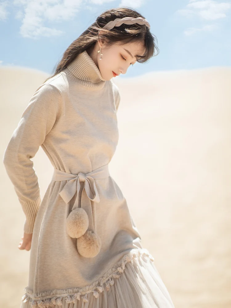 Autumn Winter Cute Mesh Patchwork Ruffle Sweater Dress Women Vintage Literary Mori Girl Belted Long Turtleneck Knitted Dresses
Autumn Winter Cute Mesh Patchwork Ruffle Sweater Dress Women Vintage Literary Mori Girl Belted Long Turtleneck Knitted Dresses