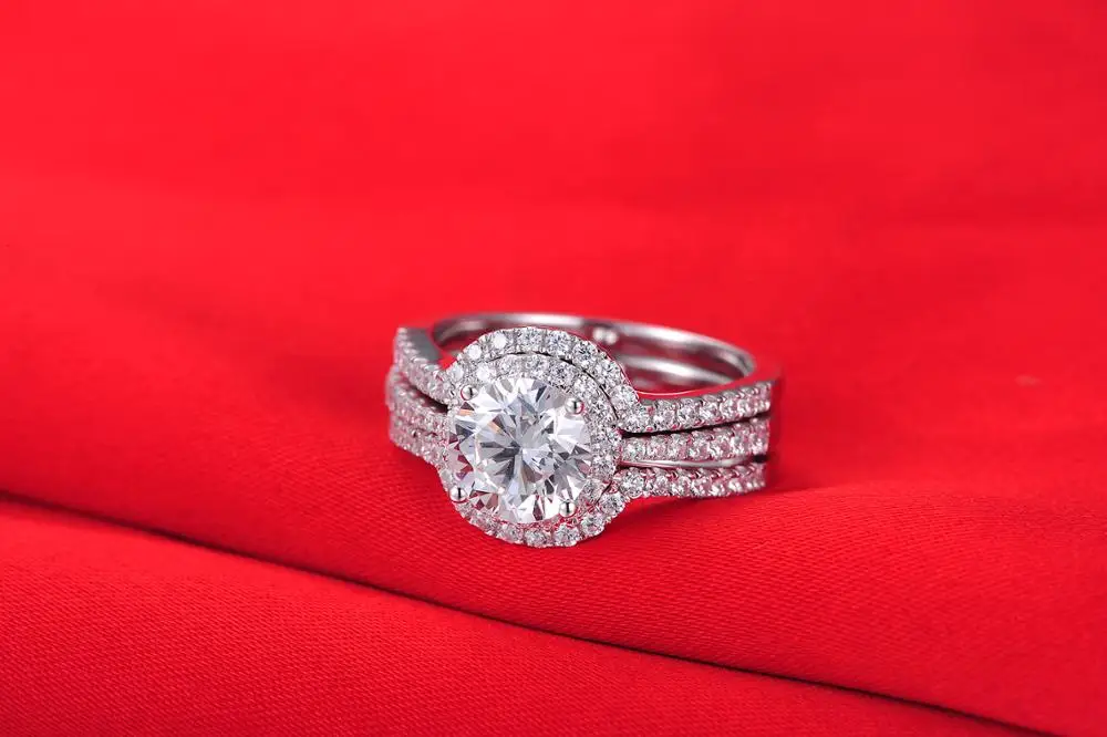Set Rings Test Positive 1.5Ct 7.5mm D-E Lab-Grown Moissanite Diamond Ring Beauty Jewel 925 Silver Engagement Ring Female Ring