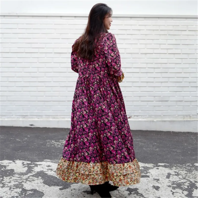 2021 spring retro color matching loose long dress 
2021 spring retro color matching loose long dress