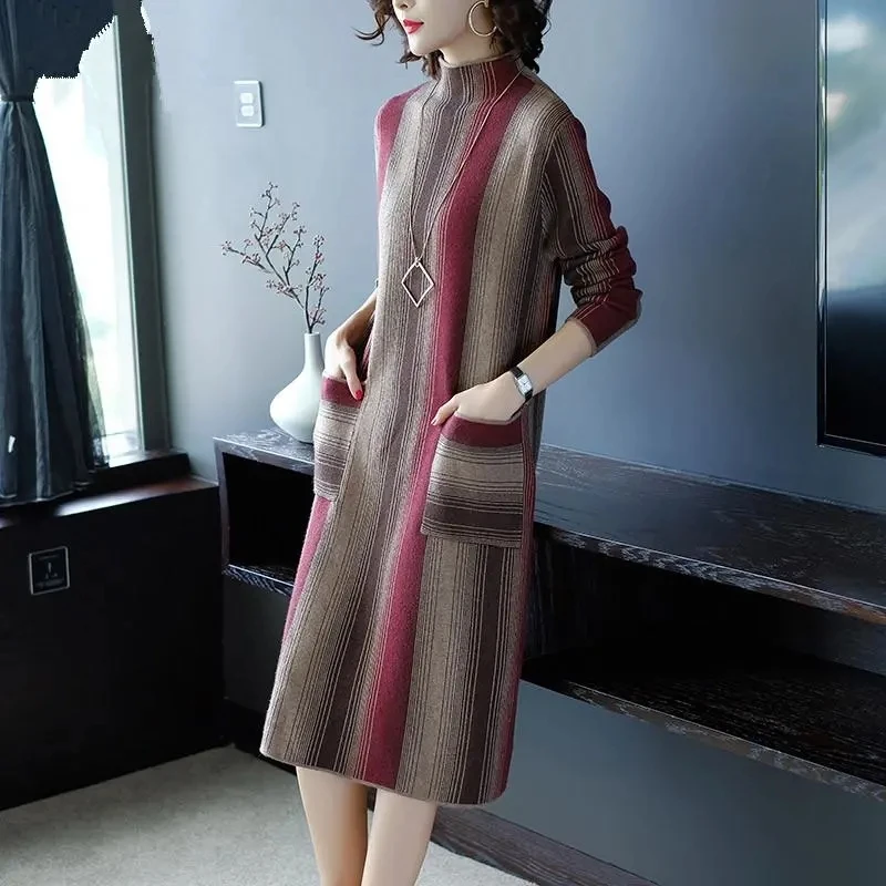Fashion Women's Dresses New 2021 Spring Autumn Long Woman Knitted Turtleneck Sweater Elegant Stripe Winter Base Sweater Dress
Fashion Women's Dresses New 2021 Spring Autumn Long Woman Knitted Turtleneck Sweater Elegant Stripe Winter Base Sweater Dress