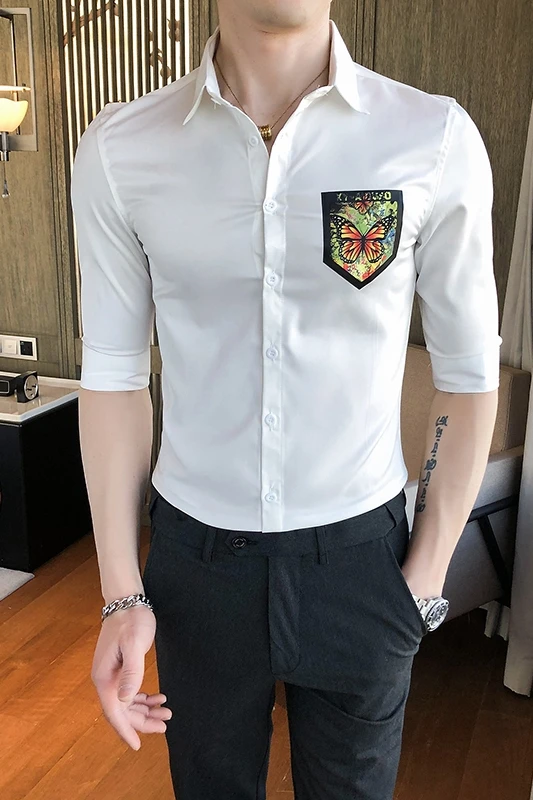 2021 Fashion Butterfly Print Men's Shirts 3/4 Sleeve Slim Streetwear Shirts Male Business Casual Dress Shirts Social Party Tops
2021 Fashion Butterfly Print Men's Shirts 3/4 Sleeve Slim Streetwear Shirts Male Business Casual Dress Shirts Social Party Tops