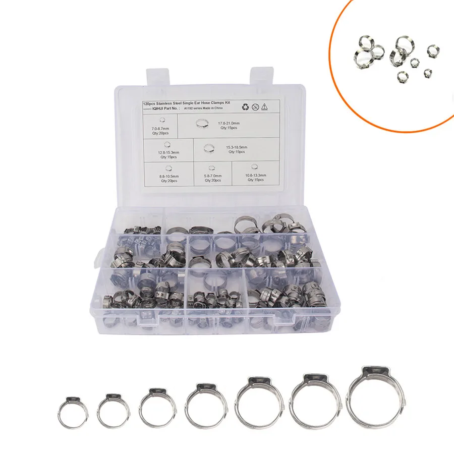 120 Pcs/lot 5.8-21mm Single Ear Plus Stainless Steel Car Fuel Pipe Hose O-Clip Clamp
120 Pcs/lot 5.8-21mm Single Ear Plus Stainless Steel Car Fuel Pipe Hose O-Clip Clamp