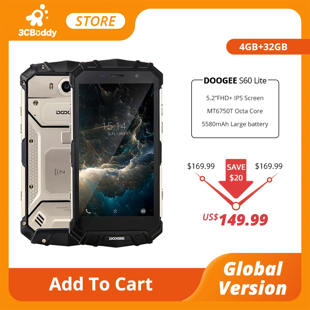 DOOGEE S60 Lite IP68 Беспроводной зарядки смартфона 5580 мА/ч 12V2A Quick Charge 16.0MP 5 2 ''FHD MTK6750T