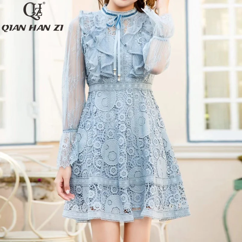 Qian Han Zi spring/summer designer fashion short dress Women Long Sleeve Elegant Lace Dress Ruffled Slim Hollow out Party Dress 
Qian Han Zi spring/summer designer fashion short dress Women Long Sleeve Elegant Lace Dress Ruffled Slim Hollow out Party Dress