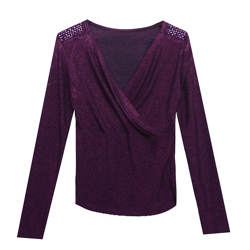 #5617 Purple Gold Silver Wrap T Shirt Women V Neck Sexy Basic Tee Shirt Femme Long Sleeved Elastic Shinny T Shirts Female Slim
#5617 Purple Gold Silver Wrap T Shirt Women V Neck Sexy Basic Tee Shirt Femme Long Sleeved Elastic Shinny T Shirts Female Slim