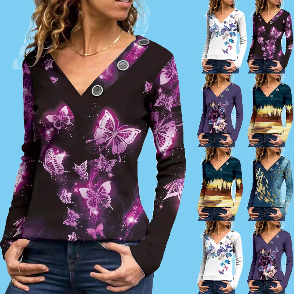 Autumn Women Buttons V-Neck Butterfly Print T-Shirt 2021 Slim New Fashion Femme Casual All-Match Long Sleeve Tees Lady Tops
Autumn Women Buttons V-Neck Butterfly Print T-Shirt 2021 Slim New Fashion Femme Casual All-Match Long Sleeve Tees Lady Tops