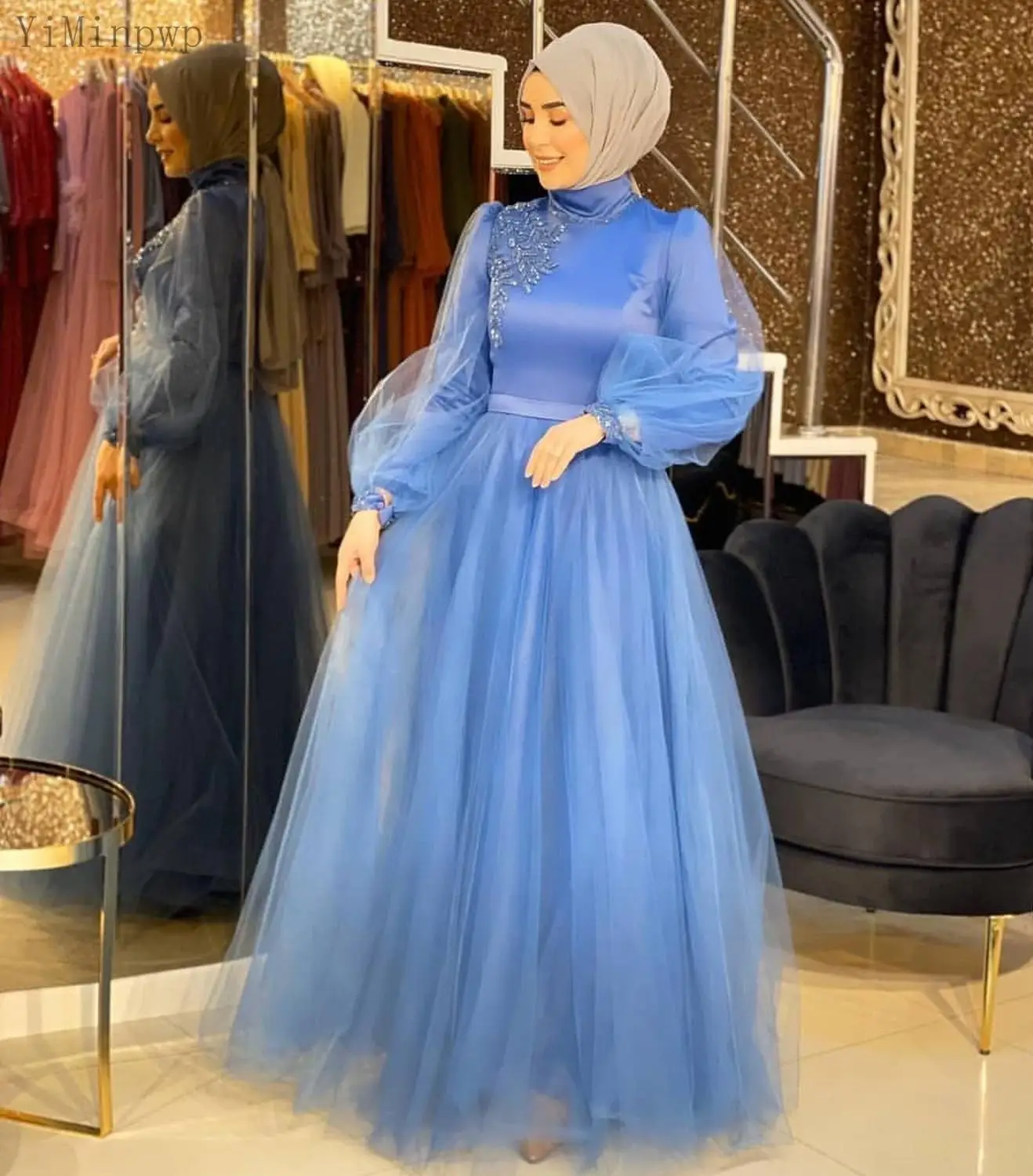 Modest Blue Prom Dresses Woman High Neck Long Sleeve Floor Length A Line Muslim Women Formal Evening Party Gowns
Modest Blue Prom Dresses Woman High Neck Long Sleeve Floor Length A Line Muslim Women Formal Evening Party Gowns