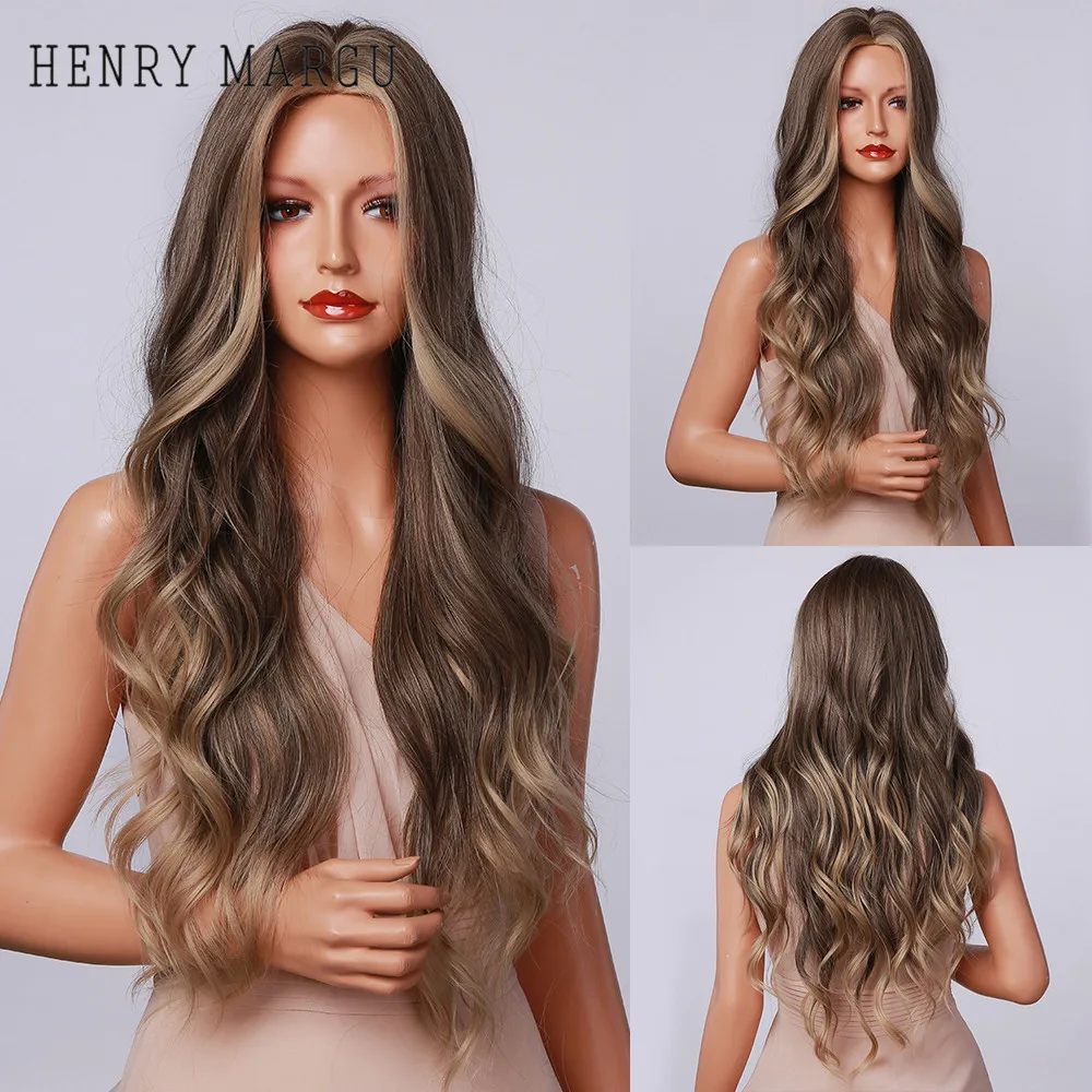 

HENRY MARGU Cosplay Daily Party Long Wavy Wigs Highlight Brown Ash Blonde Synthetic Wig for Black/White Women Heat Resistant Wig