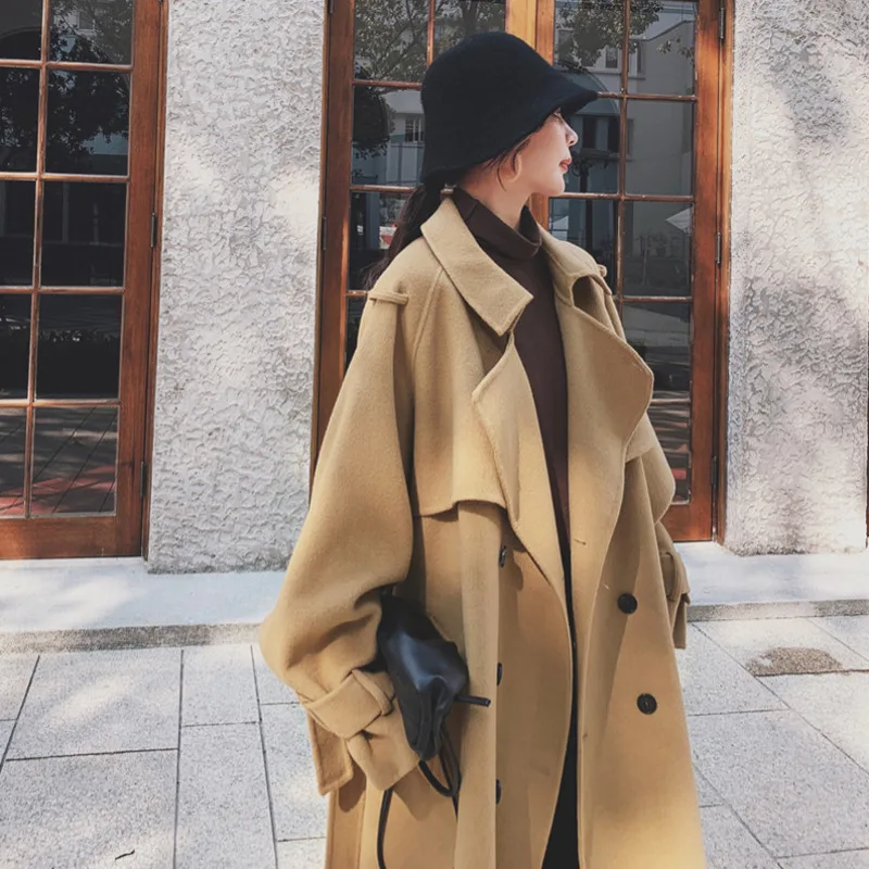 Winter Camel Double-breasted Long Woolen Coat For Women Large Size Loose Fit Overcoat Blends Wool Outwear Autumn Manteau Femme
Winter Camel Double-breasted Long Woolen Coat For Women Large Size Loose Fit Overcoat Blends Wool Outwear Autumn Manteau Femme