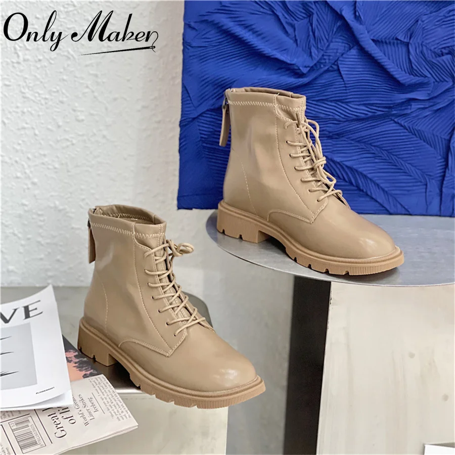 

Onlymaker Round Toe Square Heels British Style Ankle Boots Cross-tied Decoration Zipper Concise Fashion Sweet Party Booties
