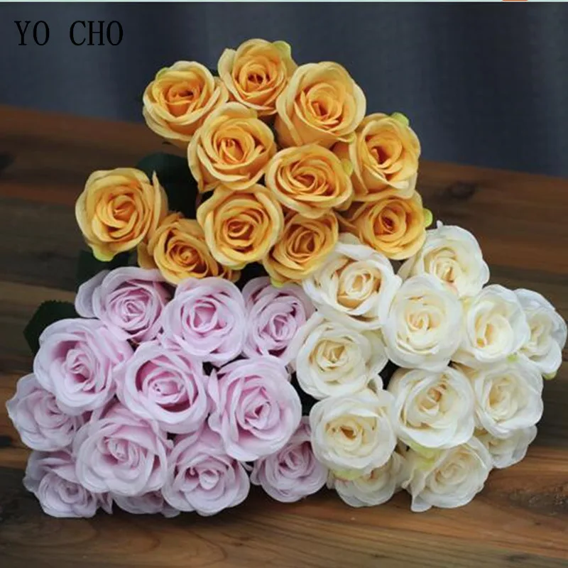

YO CHO 12 Heads Artificial Roses Flowers Bouquet DIY Silk Fake Flowers Wedding Table Party Home Garden Decoration Fabric Flores