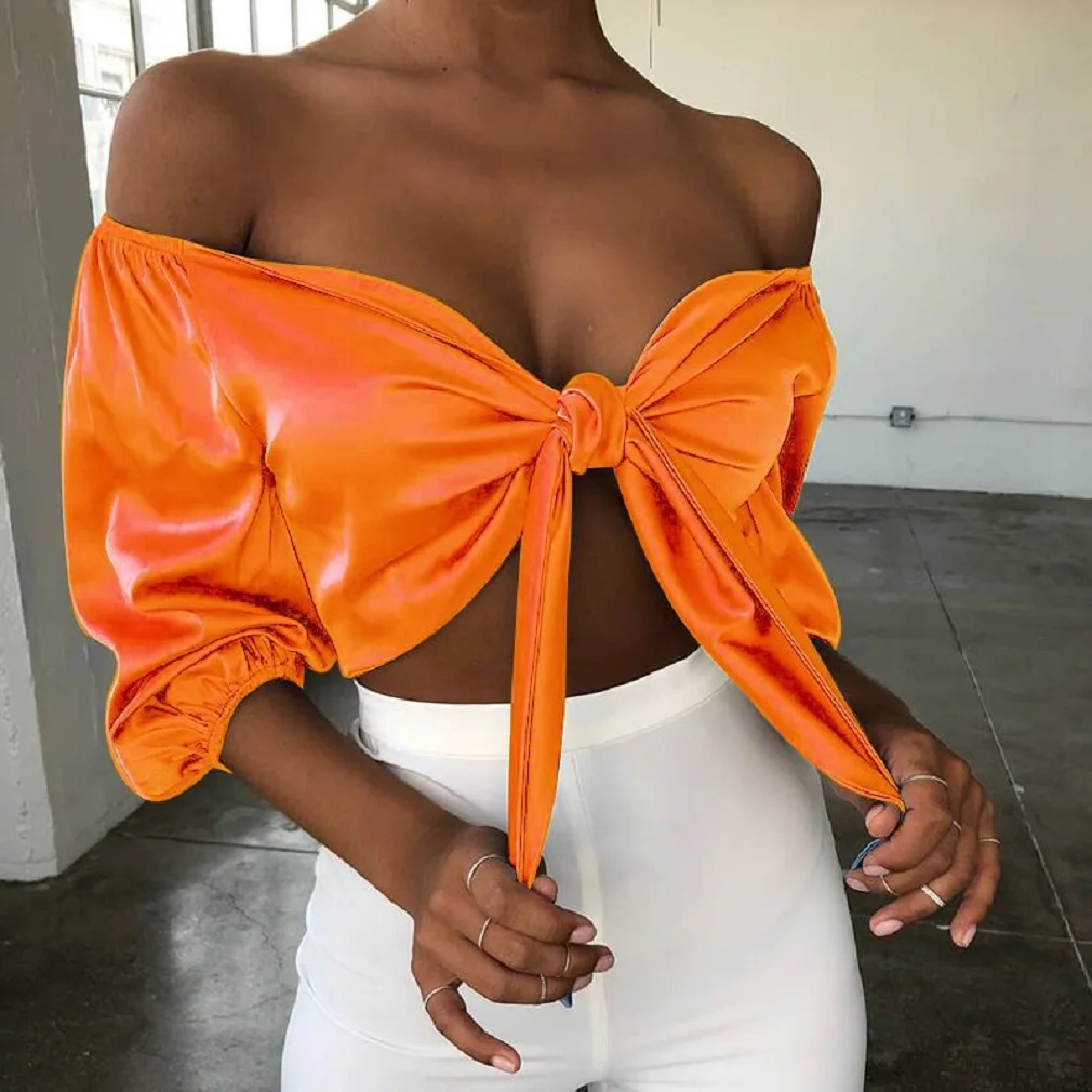 Ladies Women Blouses Elegant Off-shoulder Top Blouses Short Tops Half Sleeve Solid Deep V Neck Bow Knot Bandage Pure Color 2019
Ladies Women Blouses Elegant Off-shoulder Top Blouses Short Tops Half Sleeve Solid Deep V Neck Bow Knot Bandage Pure Color 2019
