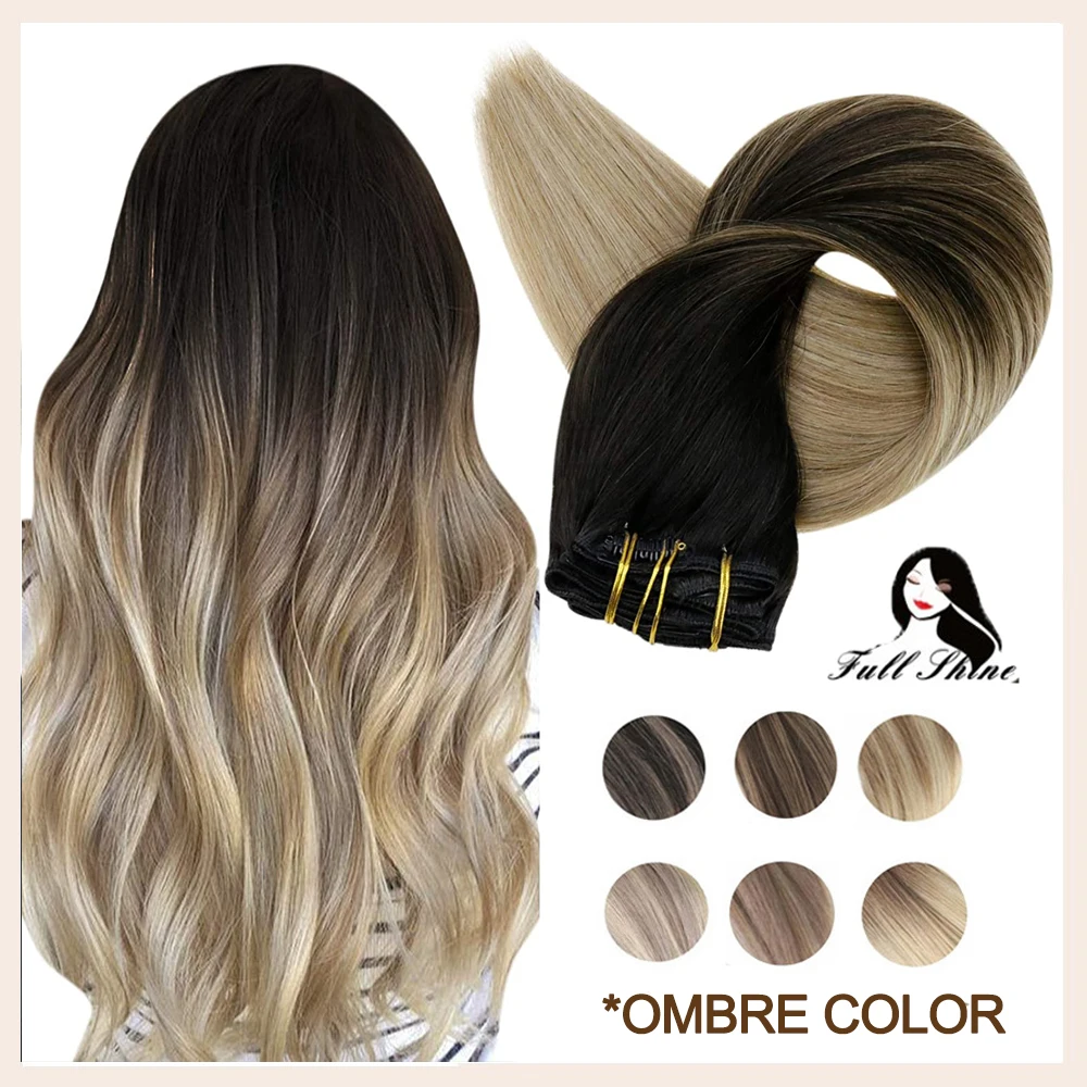 

Full Shine Clip In Human Hair Extensions Balayage Ombre Blonde Black Hairpins 7pcs 120g Double Weft 100% Machine Remy For Woman