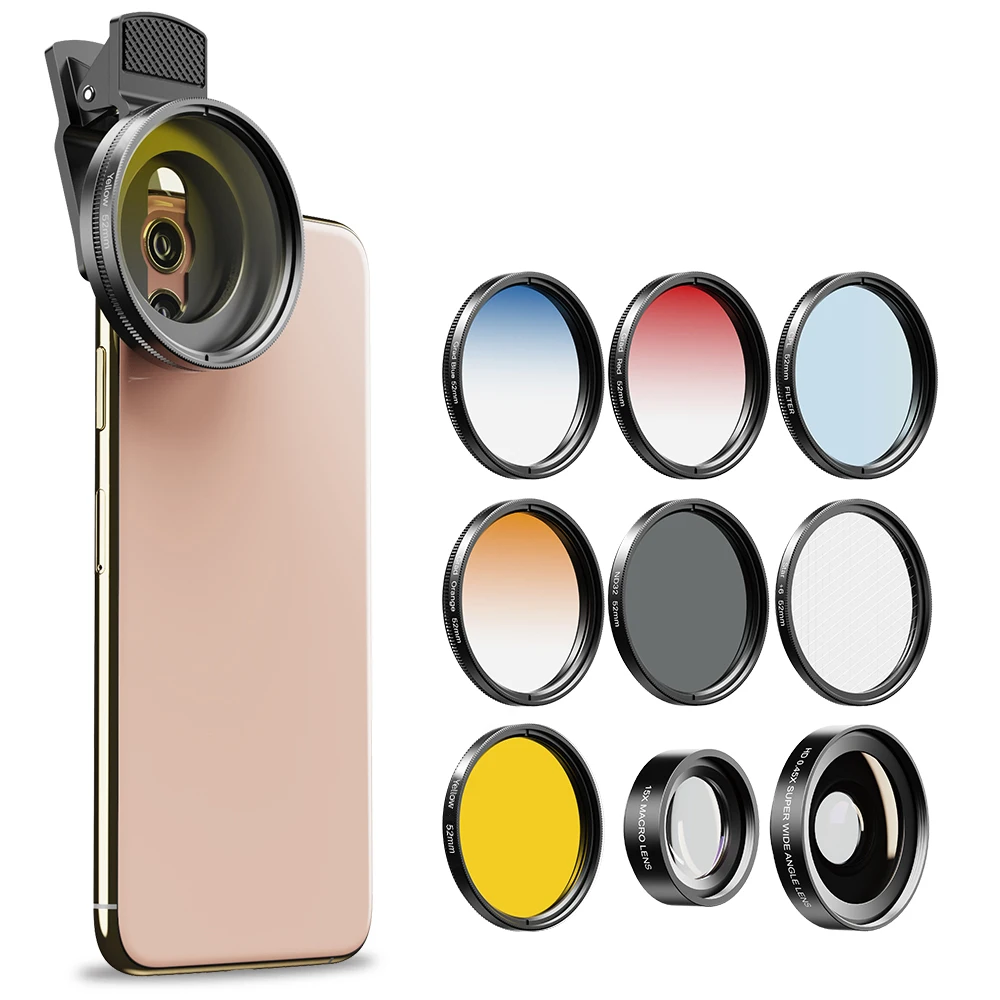 APEXEL 0.45x Super Wide Angle Lens 52mm UV Grad Blue Red Color Filters+CPL ND+Star Filters for iPhone Huawei all phones
APEXEL 0.45x Super Wide Angle Lens 52mm UV Grad Blue Red Color Filters+CPL ND+Star Filters for iPhone Huawei all phones