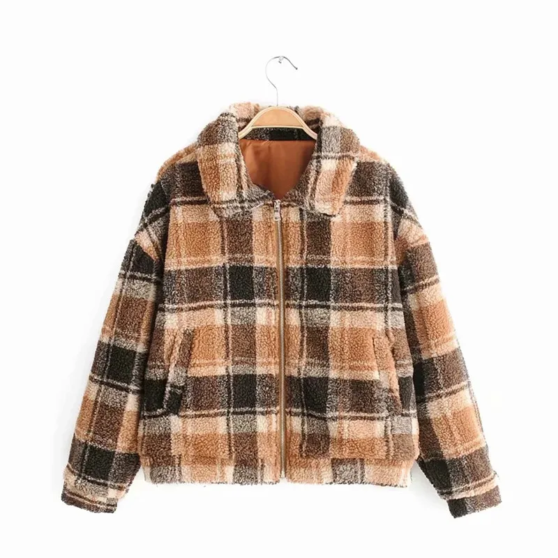 

2022 Merodi Autumn Vintgae Pliad Khaki Warm Loose Jackets Female Casual Long Sleeve Zipper Woolen Outwear Hairy Jacket Chic