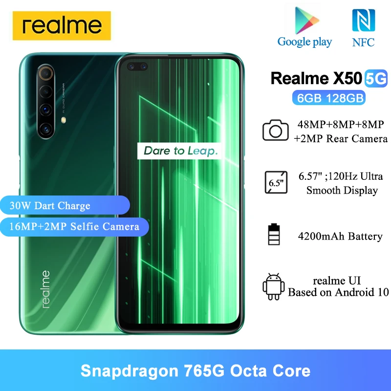 Глобальный VersionRealme X50 5G NFC мобильный телефон 6 ГБ 128 57 ''snapdragon 76 48MP Quad камеры