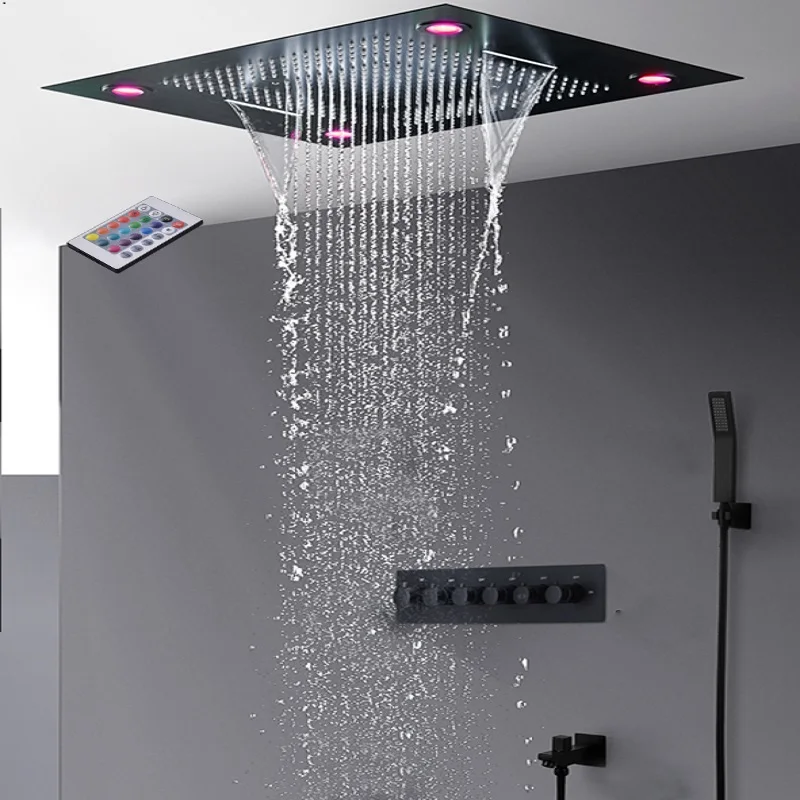 

24 inch ceiling large led rain waterfall mist shower panels thermostatic 5 functions mixer set matt black surface