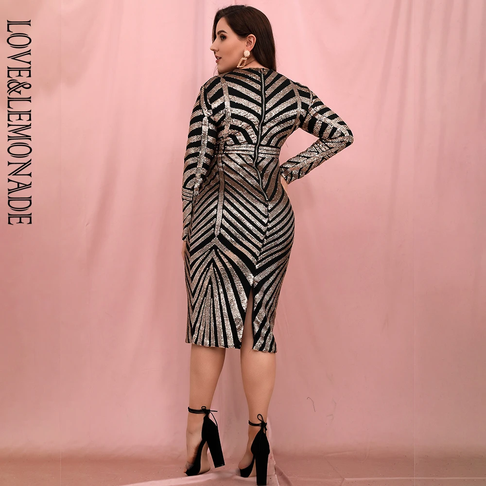 LOVE&LEMONADE PLUS SIZE Gold Round Neck Bodycon Geometric Long Sleeve Elastic Sequin Midi Dress LM6988PLUS
LOVE&LEMONADE PLUS SIZE Gold Round Neck Bodycon Geometric Long Sleeve Elastic Sequin Midi Dress LM6988PLUS