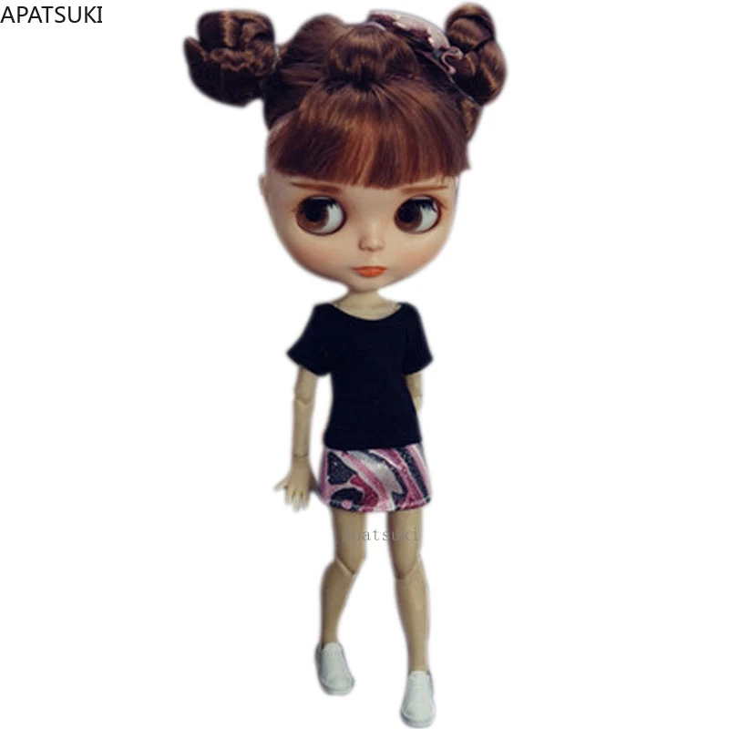 Фото Черная футболка + красочная мини-юбка для кукол блайз модная кукольная одежда