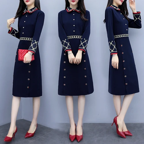 Embroidery Double Breasted Dark Blue Dress Women Long Sleeve Office Lady Peter Pan Collar Casual Dresses 2019 Autumn Korean
Embroidery Double Breasted Dark Blue Dress Women Long Sleeve Office Lady Peter Pan Collar Casual Dresses 2019 Autumn Korean
