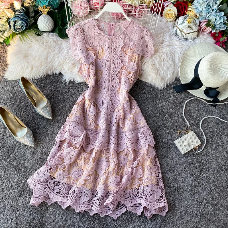 Women Summer Dress Lace Hollow Out Crochet Irregular Swing Dress Ladies Sleeveless Ruffled Slim-Fit Knee-length Princess Dress
Women Summer Dress Lace Hollow Out Crochet Irregular Swing Dress Ladies Sleeveless Ruffled Slim-Fit Knee-length Princess Dress