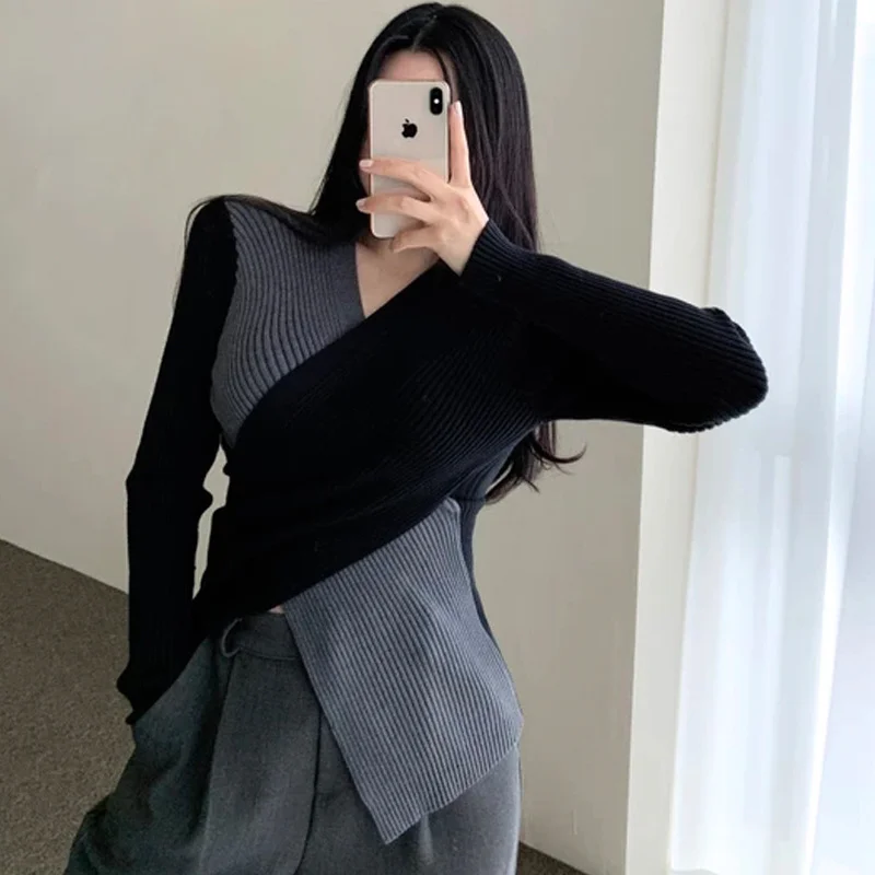 Korean Chic Knit Top Autumn Cross V-neck Irregular Design Slim Fit Color Matching Bottomed Sweater Women's Top
Korean Chic Knit Top Autumn Cross V-neck Irregular Design Slim Fit Color Matching Bottomed Sweater Women's Top