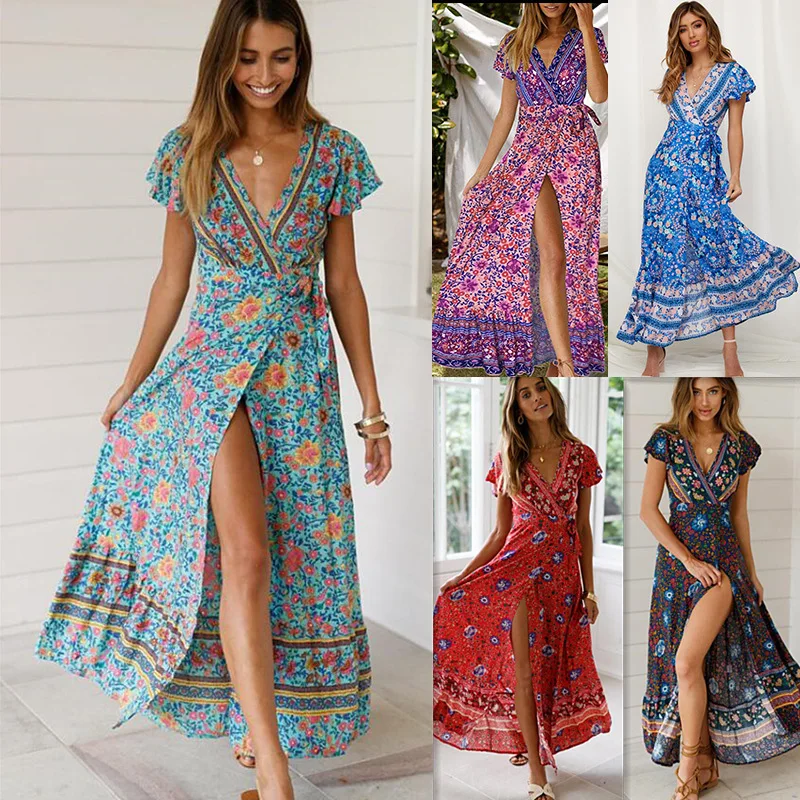 Women Bohemian Long Dress Sexy V-neck Wrap High Split Tunic Dress Short Sleeve Floral Print Dress Lady Sexy Beach Dress
Women Bohemian Long Dress Sexy V-neck Wrap High Split Tunic Dress Short Sleeve Floral Print Dress Lady Sexy Beach Dress