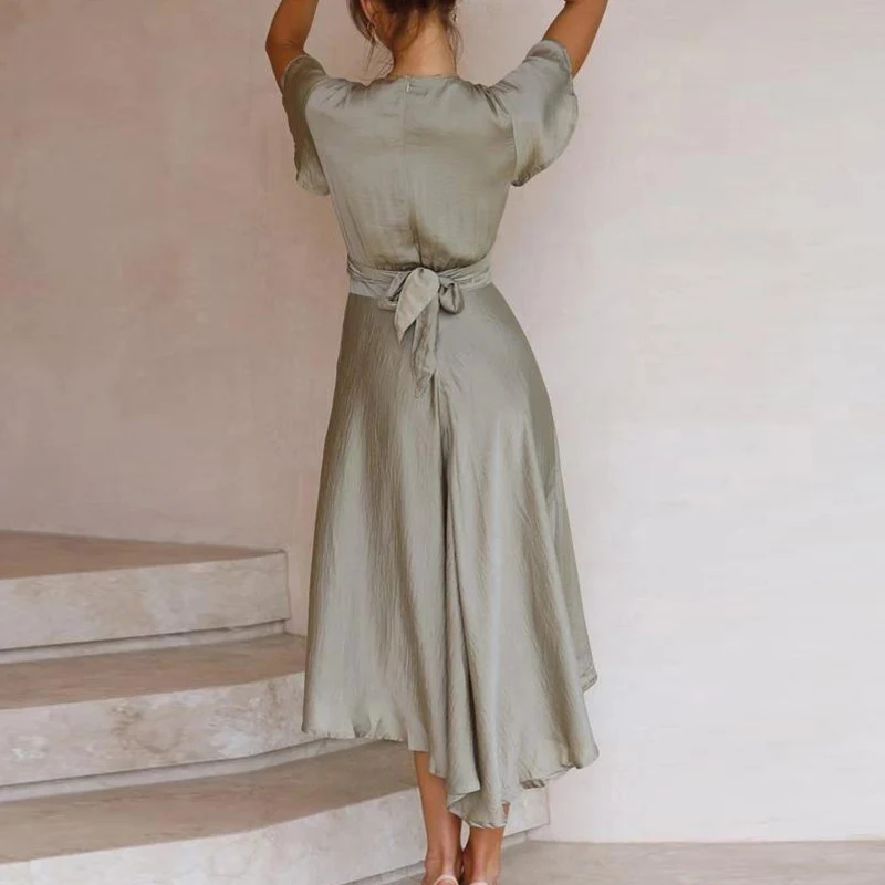 Women's Asymmetrical Sexy Dress V-Neck Short Sleeve Patchwork Belt Women Dresses Summer Party Temperament Casual Lady Vestidos
Women's Asymmetrical Sexy Dress V-Neck Short Sleeve Patchwork Belt Women Dresses Summer Party Temperament Casual Lady Vestidos