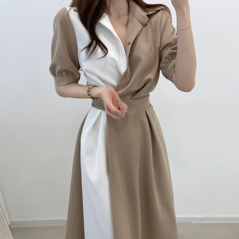 Fashion Office Stitching Elegant Shirt Dress Women Lapel Short Sleeve Mixi Dress Korean Clothes Female Robe 2021 Summer Vestidos
Fashion Office Stitching Elegant Shirt Dress Women Lapel Short Sleeve Mixi Dress Korean Clothes Female Robe 2021 Summer Vestidos