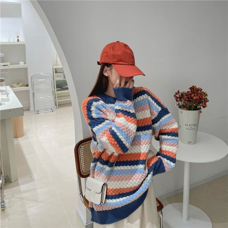 Pullover Women Autumn Loose Casual Rainbow Striped Sweaters O-neck Long Sleeve Colorful New Fashion Students Knit Tops
Pullover Women Autumn Loose Casual Rainbow Striped Sweaters O-neck Long Sleeve Colorful New Fashion Students Knit Tops