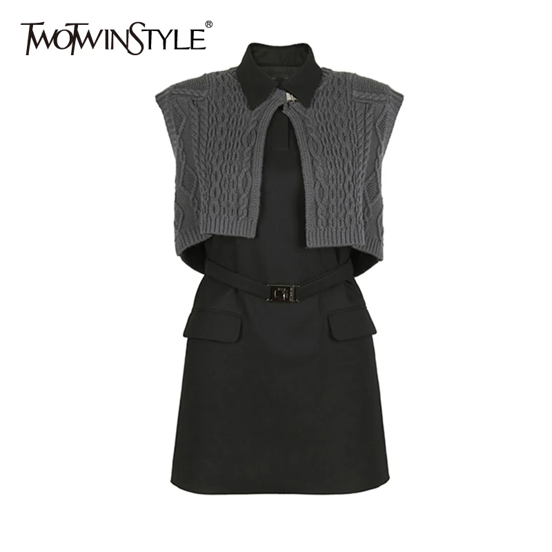TWOTWINSTYLE Casual Colorblock Dress Sets Female Lapel Sleeveless Sashes Slim Mini Dresses Detachable Knitted Shawl Women's Suit 
TWOTWINSTYLE Casual Colorblock Dress Sets Female Lapel Sleeveless Sashes Slim Mini Dresses Detachable Knitted Shawl Women's Suit