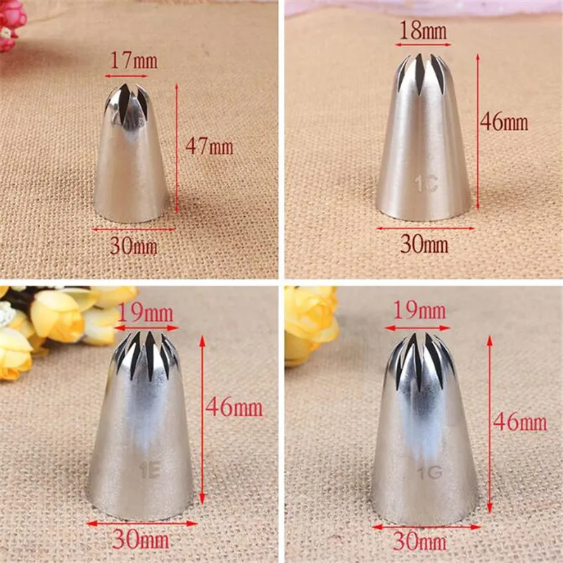 4pcs Large Icing Piping Nozzles For Decorating Cake Baking Cookie Cupcake Piping Nozzle Stainless Steel Pastry Tips #1B#1C#1E#1G
4pcs Large Icing Piping Nozzles For Decorating Cake Baking Cookie Cupcake Piping Nozzle Stainless Steel Pastry Tips #1B#1C#1E#1G