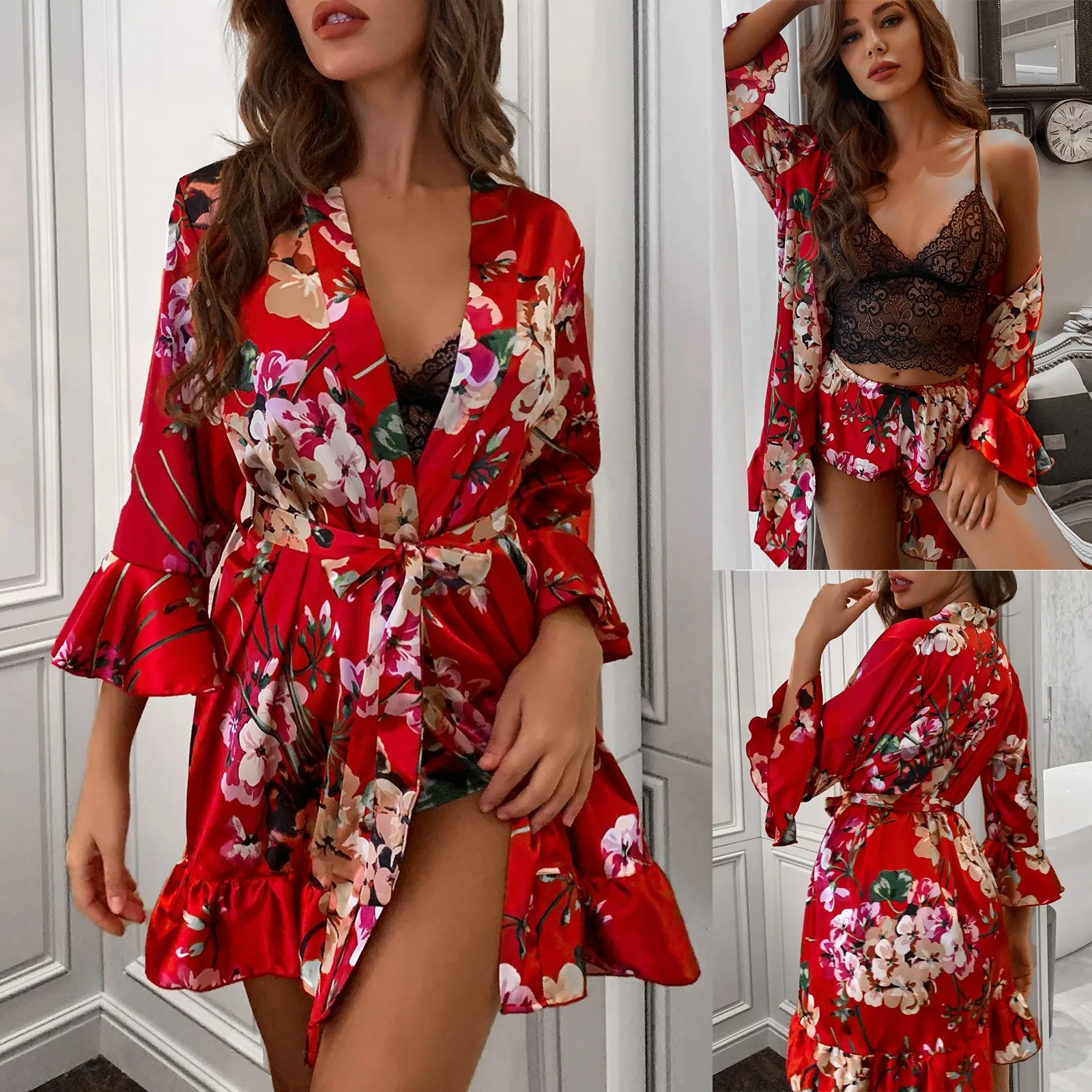 Pajamas Sexy Flower Satin Silk Women Lingerie Sleepwear Robes Underwear Sleepwear Sexy 3 Piece pijama Robe Sexy Nightdress
Pajamas Sexy Flower Satin Silk Women Lingerie Sleepwear Robes Underwear Sleepwear Sexy 3 Piece pijama Robe Sexy Nightdress