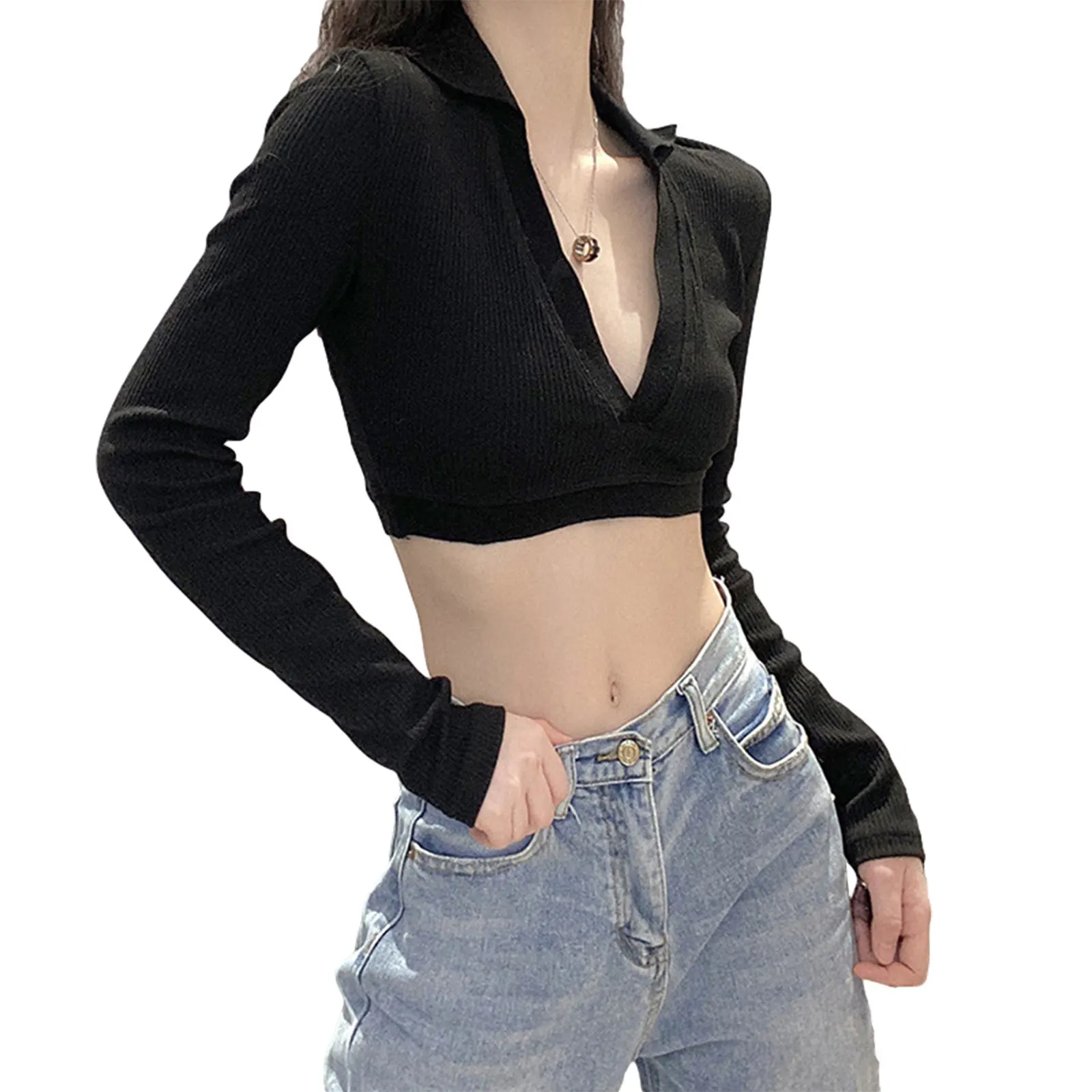Women Sexy Super Short Knitted Tight Tops Long Sleeve V-neck Crop Top Fashion Solid Color Top
Women Sexy Super Short Knitted Tight Tops Long Sleeve V-neck Crop Top Fashion Solid Color Top