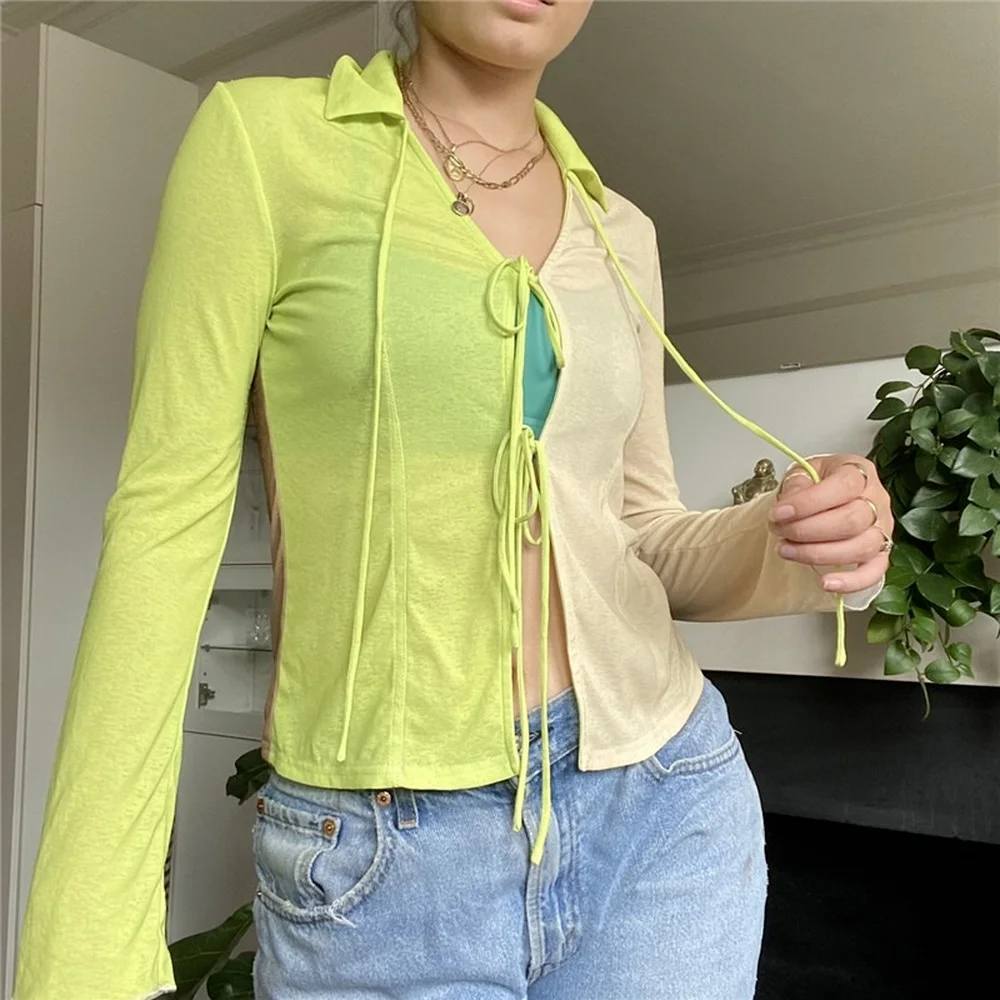 2021 Autumn Women Cardigan Sweet Patchwork Top Lace-up Sexy Lace Up Thin Long-sleeved Top Fashion Women Shirt Ladies Streetwear
2021 Autumn Women Cardigan Sweet Patchwork Top Lace-up Sexy Lace Up Thin Long-sleeved Top Fashion Women Shirt Ladies Streetwear