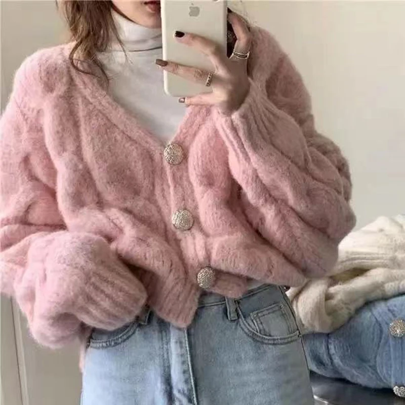 

Однобортный розовый вязаный свитер, женские повседневные джемперы с V-образным вырезом и длинным рукавом, корейские искусственные пальто ...