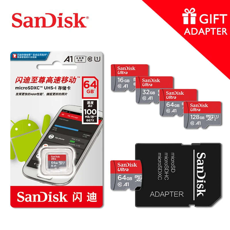 Карта памяти SanDisk A1 Micro SD объемом 16 ГБ, 32 ГБ, 64 ГБ, 128 ГБ, MicroSD Max 98M/s Ultra C10 TF для планшета.