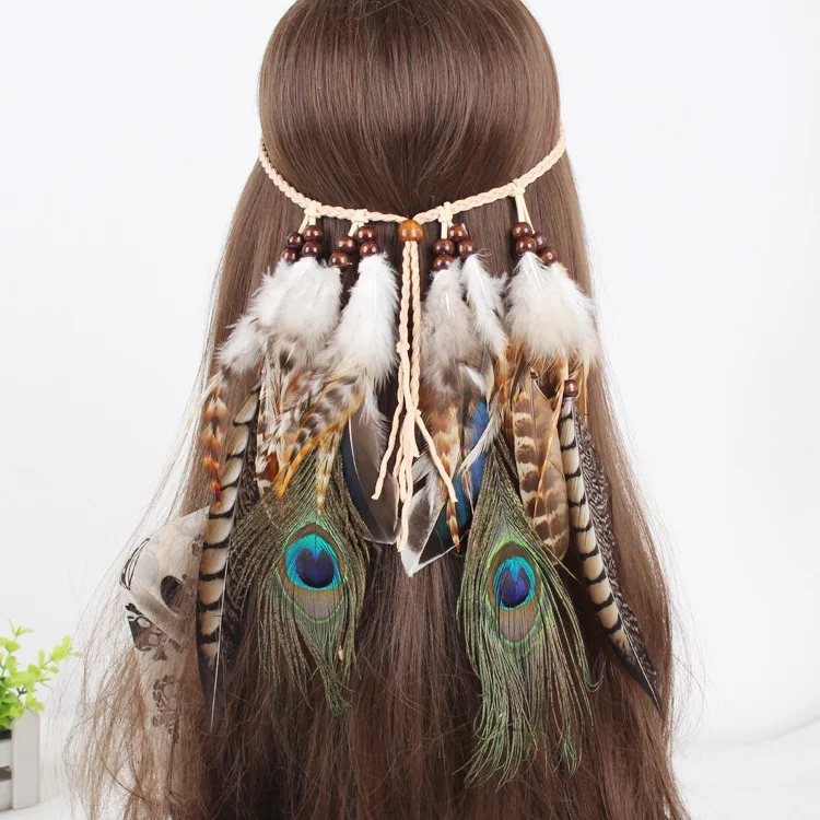 

Oshoplive Bohemian Peacock Feather Headband Hippie Folk Hair Ornament Indian Tassel Headdress Hair Gypsy Manual Hair Accessories