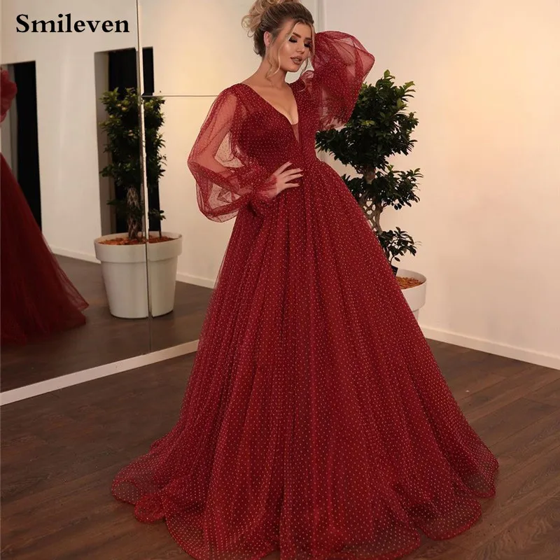 Фото Женское платье-Кафтан Smileven бордовое ТРАПЕЦИЕВИДНОЕ вечернее платье с пышными