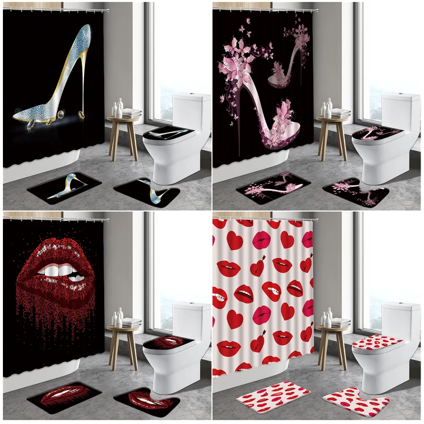 Red Lips Bathroom Curtain Set High Heel Bath Mat Black Curtains Art Decor Fabric Non-Slip Rug Toilet Cover With Hook Indoor Mats
Red Lips Bathroom Curtain Set High Heel Bath Mat Black Curtains Art Decor Fabric Non-Slip Rug Toilet Cover With Hook Indoor Mats
