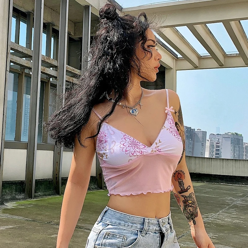 2021 Y2K Floral Print Sexy Backless Lace Cami Top Women Transparent Pink Sleeveless Mesh Spaghetti Strap Top Streetwear 
2021 Y2K Floral Print Sexy Backless Lace Cami Top Women Transparent Pink Sleeveless Mesh Spaghetti Strap Top Streetwear