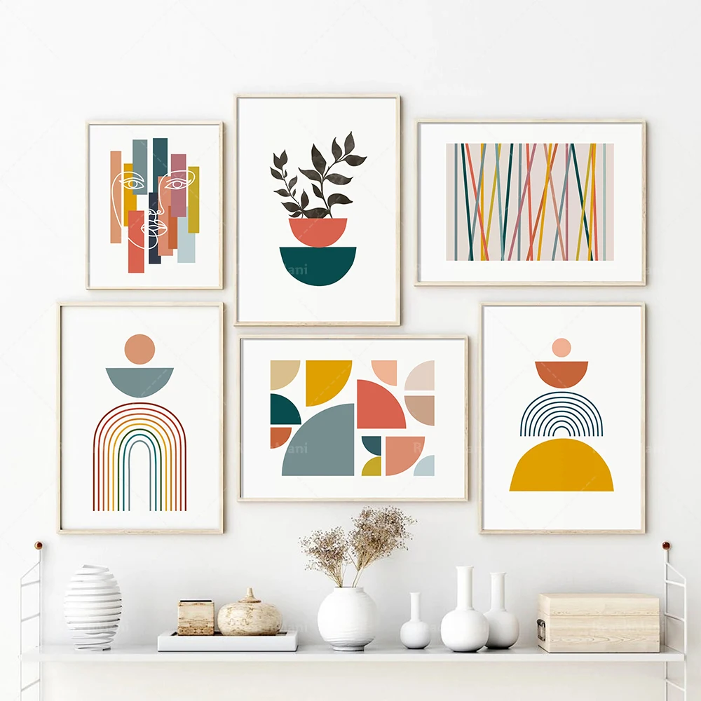 

Mid-century modern art prints 6-piece set, abstract shape gallery wall set, blue and pink mustard color geometric printable wall